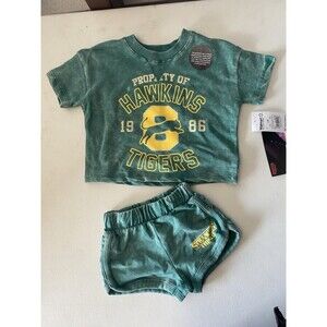 Stranger Things 12M Hawkins High Tigers Green Acid Wash Short Set 2pc NWT